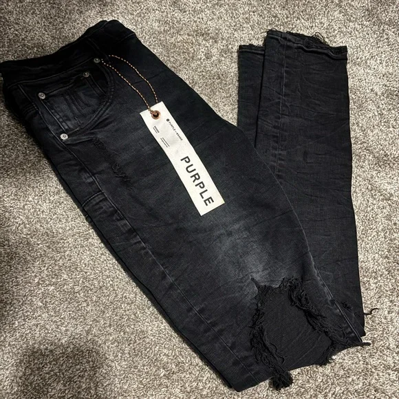 Black Skinny Distressed Purple Jeans with Knee Rips